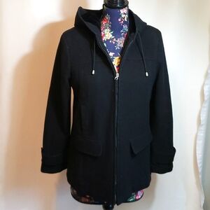 FLEET STREET LTD Black Full Zip Wool Bl Coat With Velvet Lined Hood Size Medium